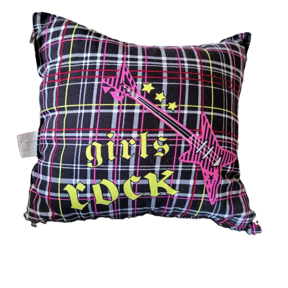 ARDENE Vintage Y2K Girls Rock Plaid Pillow + Pink Guitar Graphic